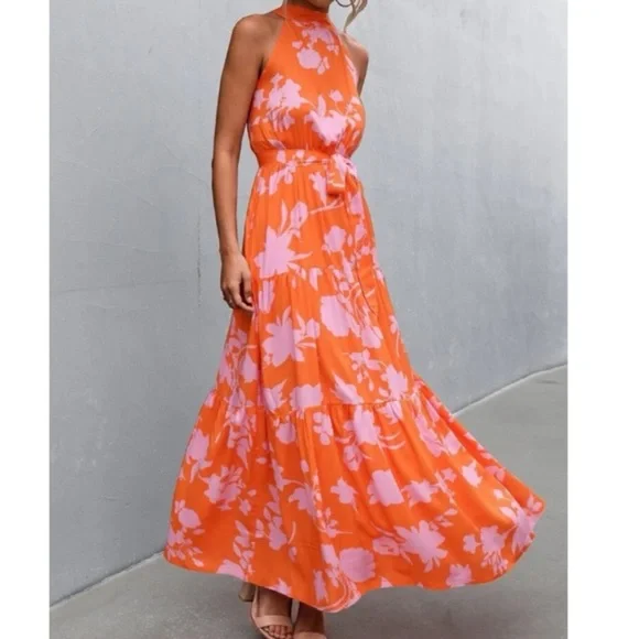 Boho pink  floral print belted halter maxi dress - Picture 2 of 14